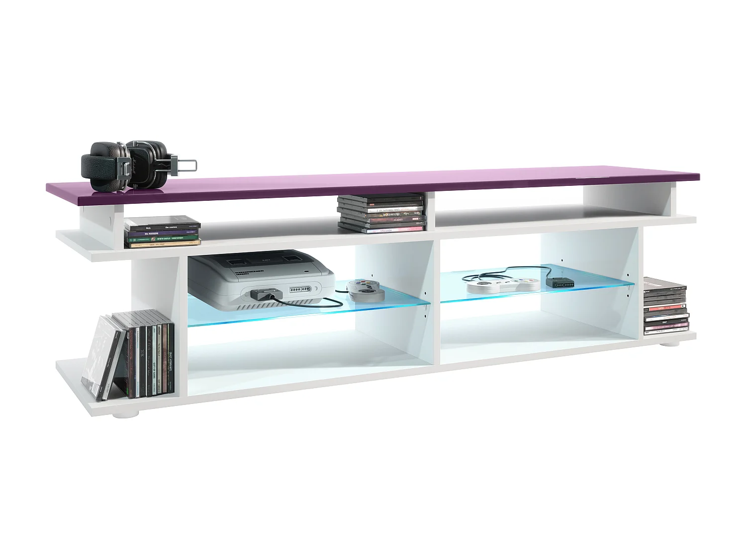 TV Board Movie V3 Game On 138,5 x 39 x 37,5 cm éclairage LED inclus Blanc, caisson en blanc mat, élément supérieur en mûre haute brillance