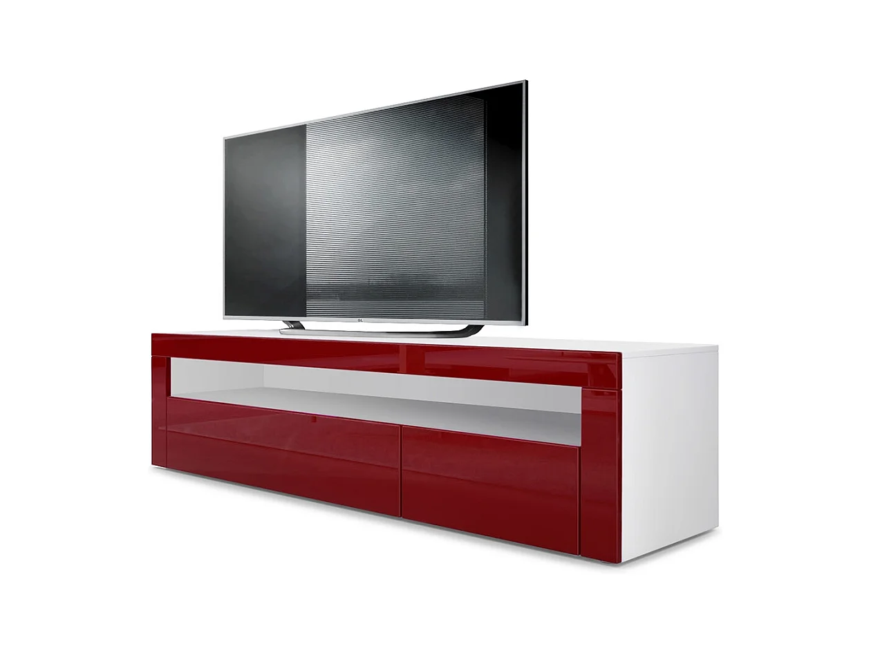 Buffet bas Valencia, Meuble TV avec 1 compartiment ouvert et 2 clapets, Blanc mat/bordeaux haute brillance/bordeaux haute brillance (155 x 46 x 40 cm)