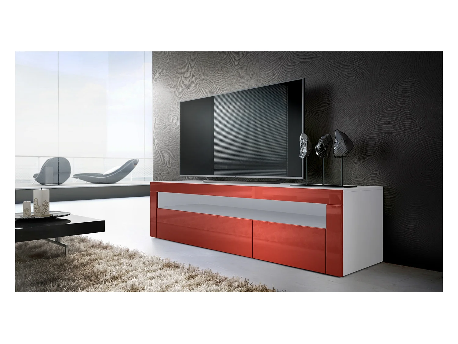 Buffet bas Valencia, Meuble TV avec 1 compartiment ouvert et 2 clapets, Blanc mat/bordeaux haute brillance/bordeaux haute brillance (155 x 46 x 40 cm)