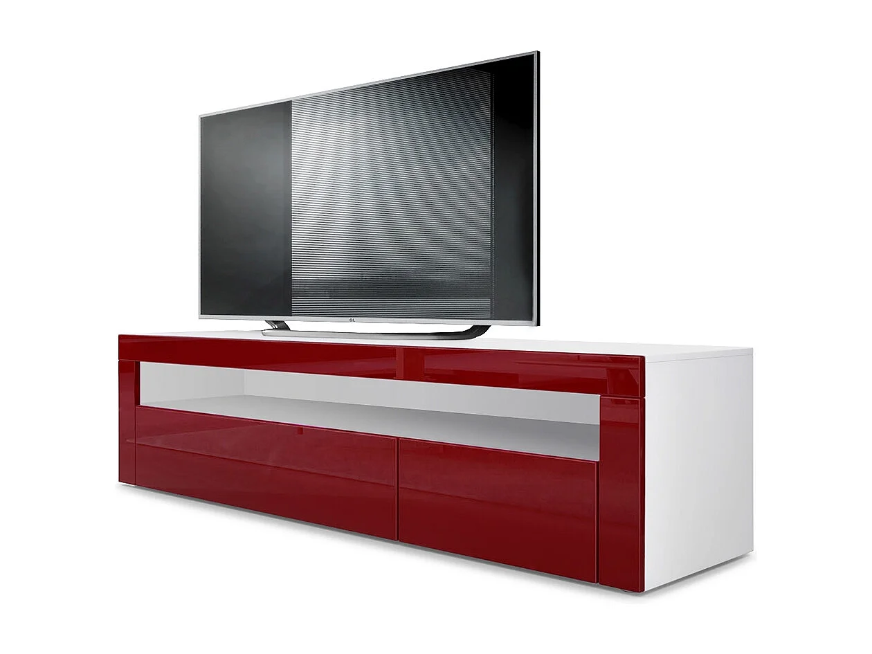 Buffet bas Valencia, Meuble TV avec 1 compartiment ouvert et 2 clapets, Blanc mat/bordeaux haute brillance/bordeaux haute brillance (155 x 46 x 40 cm)