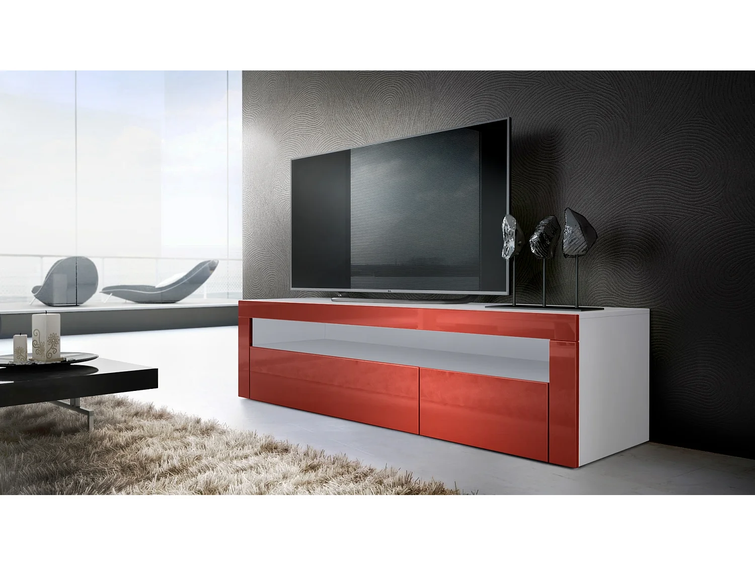 Buffet bas Valencia, Meuble TV avec 1 compartiment ouvert et 2 clapets, Blanc mat/bordeaux haute brillance/bordeaux haute brillance (155 x 46 x 40 cm)