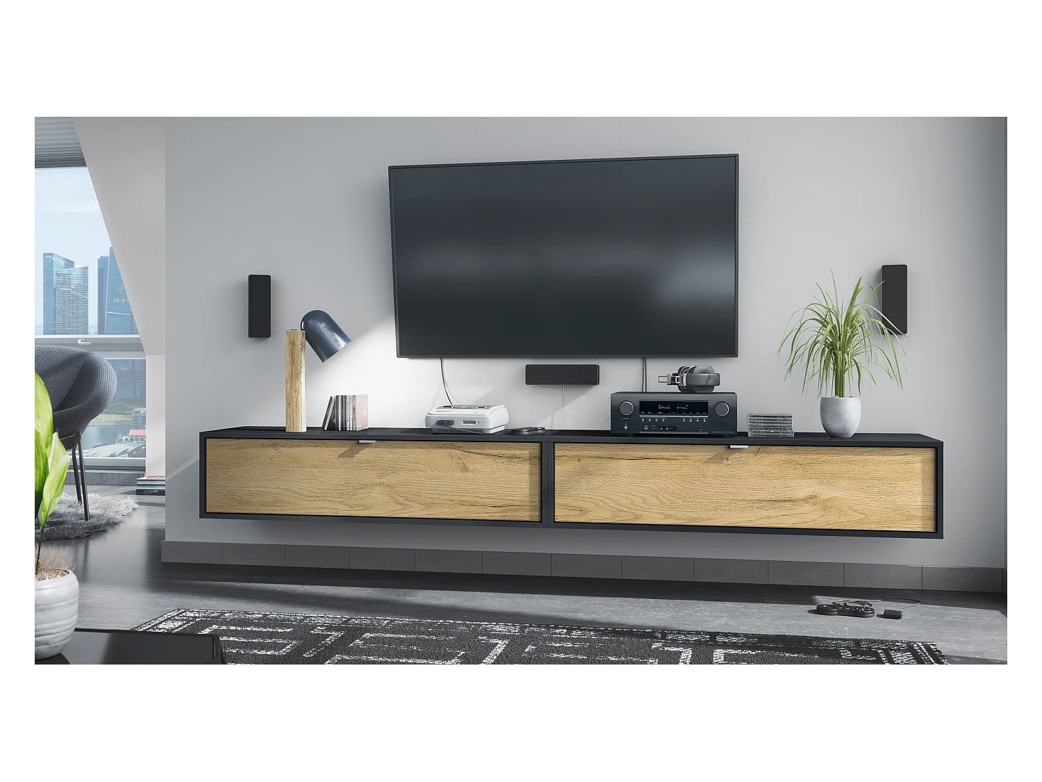 Ensemble de 2 set meuble TV Lana 120, lowboards de 120x29x37 cm chacun avec beaucoup d'espace de rangement, caisson en Noir mat, façades en Chêne Nature