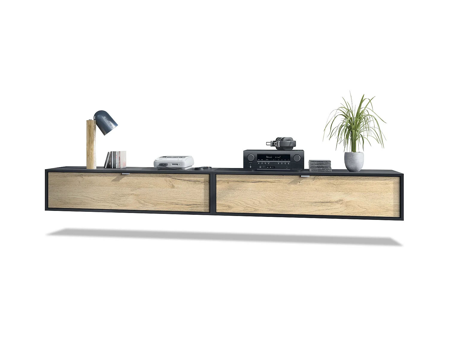 Ensemble de 2 set meuble TV Lana 120, lowboards de 120x29x37 cm chacun avec beaucoup d'espace de rangement, caisson en Noir mat, façades en Chêne Nature