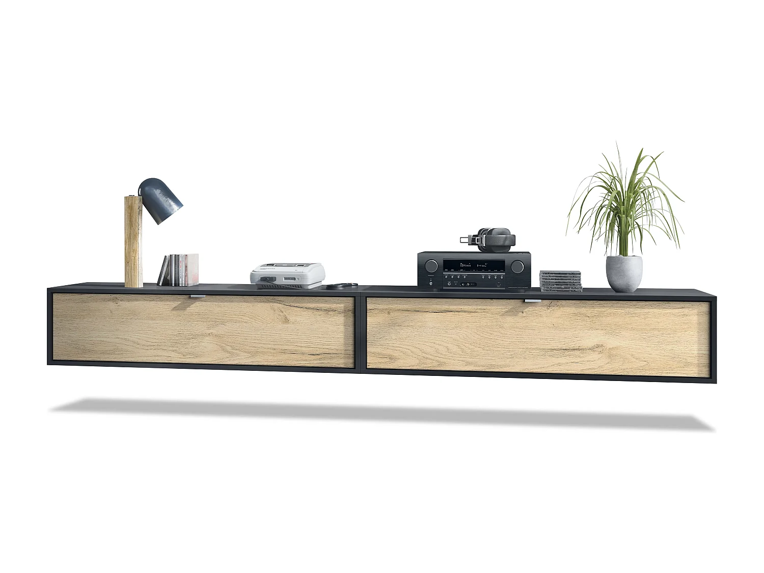 Ensemble de 2 set meuble TV Lana 120, lowboards de 120x29x37 cm chacun avec beaucoup d'espace de rangement, caisson en Noir mat, façades en Chêne Nature