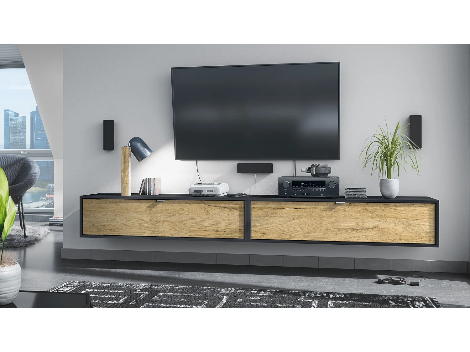 Ensemble de 2 set meuble TV Lana 120, lowboards de 120x29x37 cm chacun avec beaucoup d'espace de rangement, caisson en Noir mat, façades en Chêne Nature