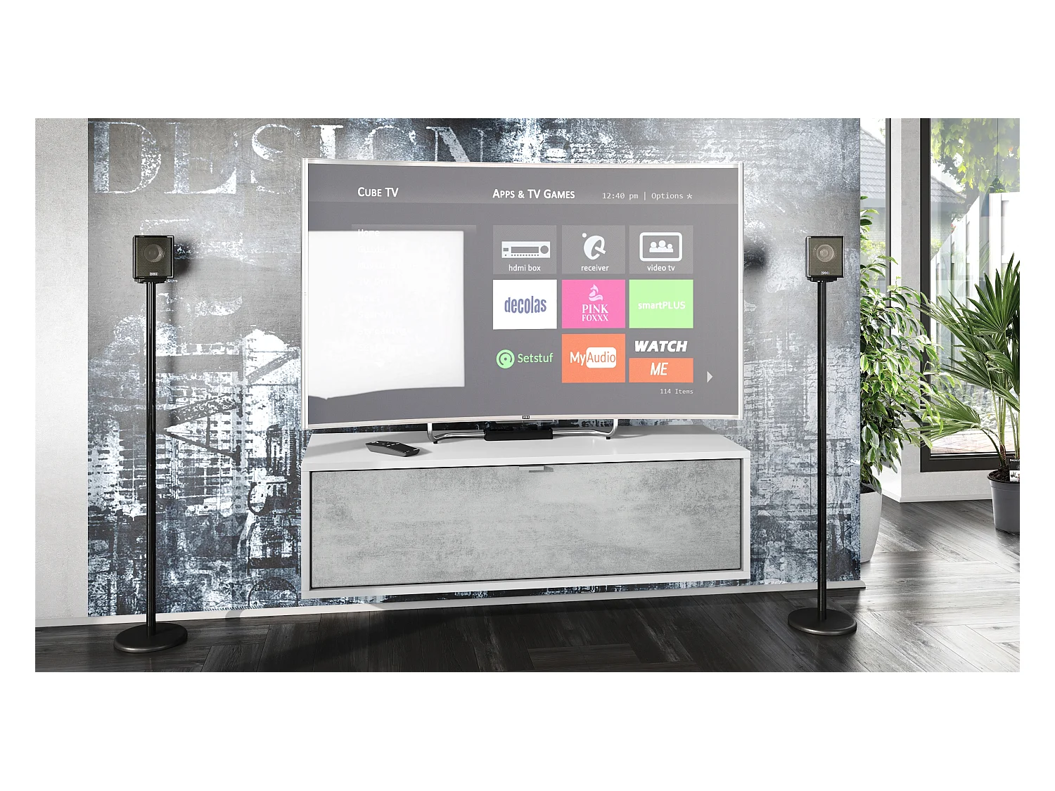 Meuble TV Lana 100 armoire murale lowboard 100 x 29 x 37 cm, caisson en Blanc mat, façades en Aspect Béton Oxyde | Grand choix de couleurs