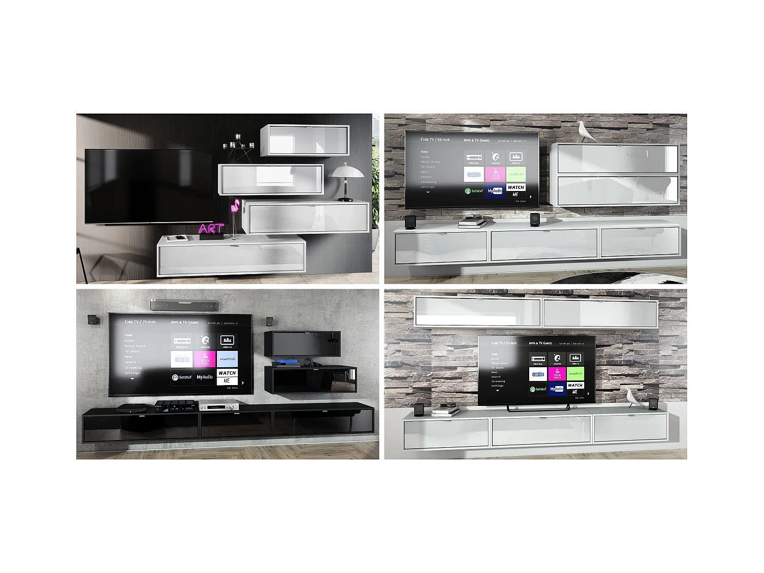 Meuble TV Lana 100 armoire murale lowboard 100 x 29 x 37 cm, caisson en Blanc mat, façades en Aspect Béton Oxyde | Grand choix de couleurs