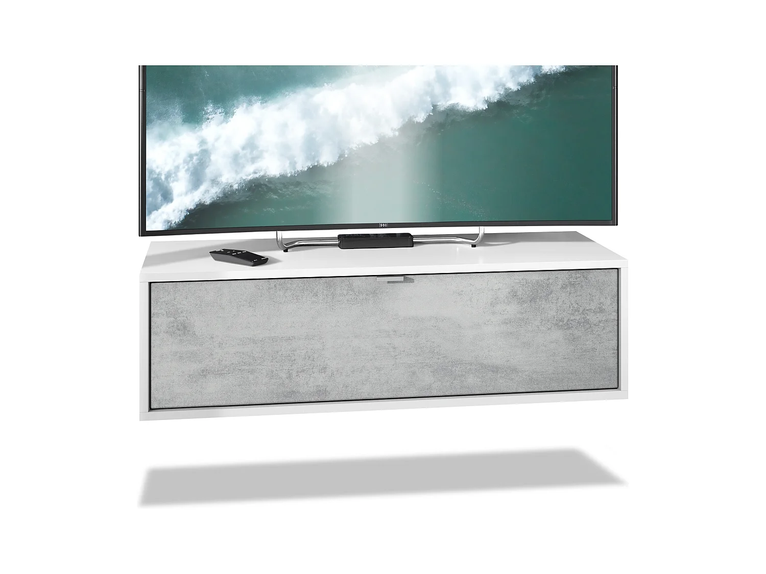Meuble TV Lana 100 armoire murale lowboard 100 x 29 x 37 cm, caisson en Blanc mat, façades en Aspect Béton Oxyde | Grand choix de couleurs