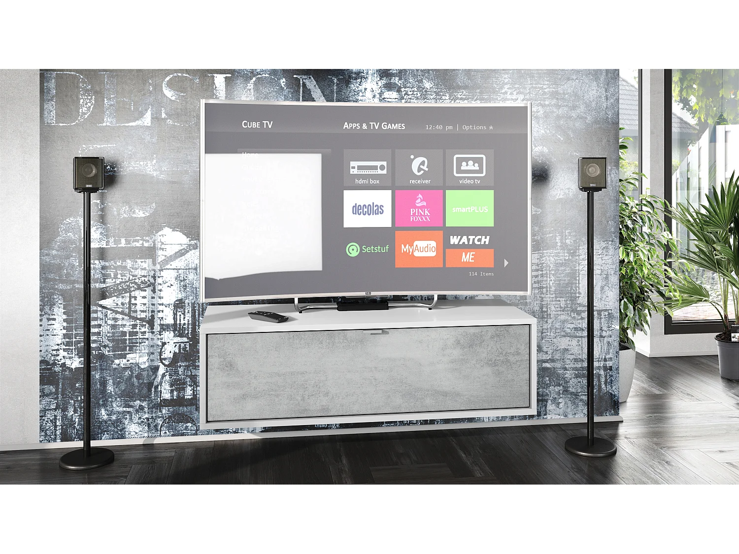 Meuble TV Lana 100 armoire murale lowboard 100 x 29 x 37 cm, caisson en Blanc mat, façades en Aspect Béton Oxyde | Grand choix de couleurs