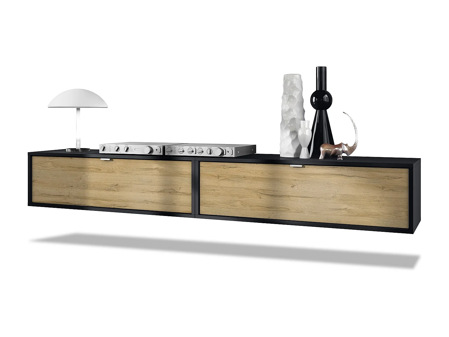 Ensemble de 2 set meuble TV Lana 100, lowboards de 100 x 29 x 37 cm chacun avec beaucoup d'espace de rangement, caisson en Noir mat, façades en Chêne Nature