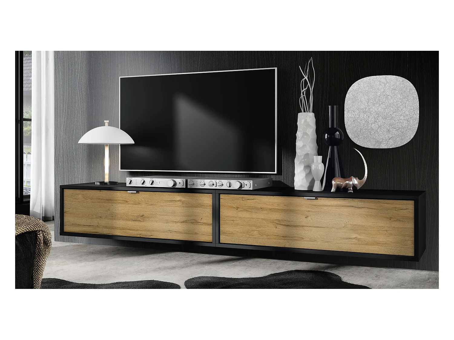 Ensemble de 2 set meuble TV Lana 100, lowboards de 100 x 29 x 37 cm chacun avec beaucoup d'espace de rangement, caisson en Noir mat, façades en Chêne Nature