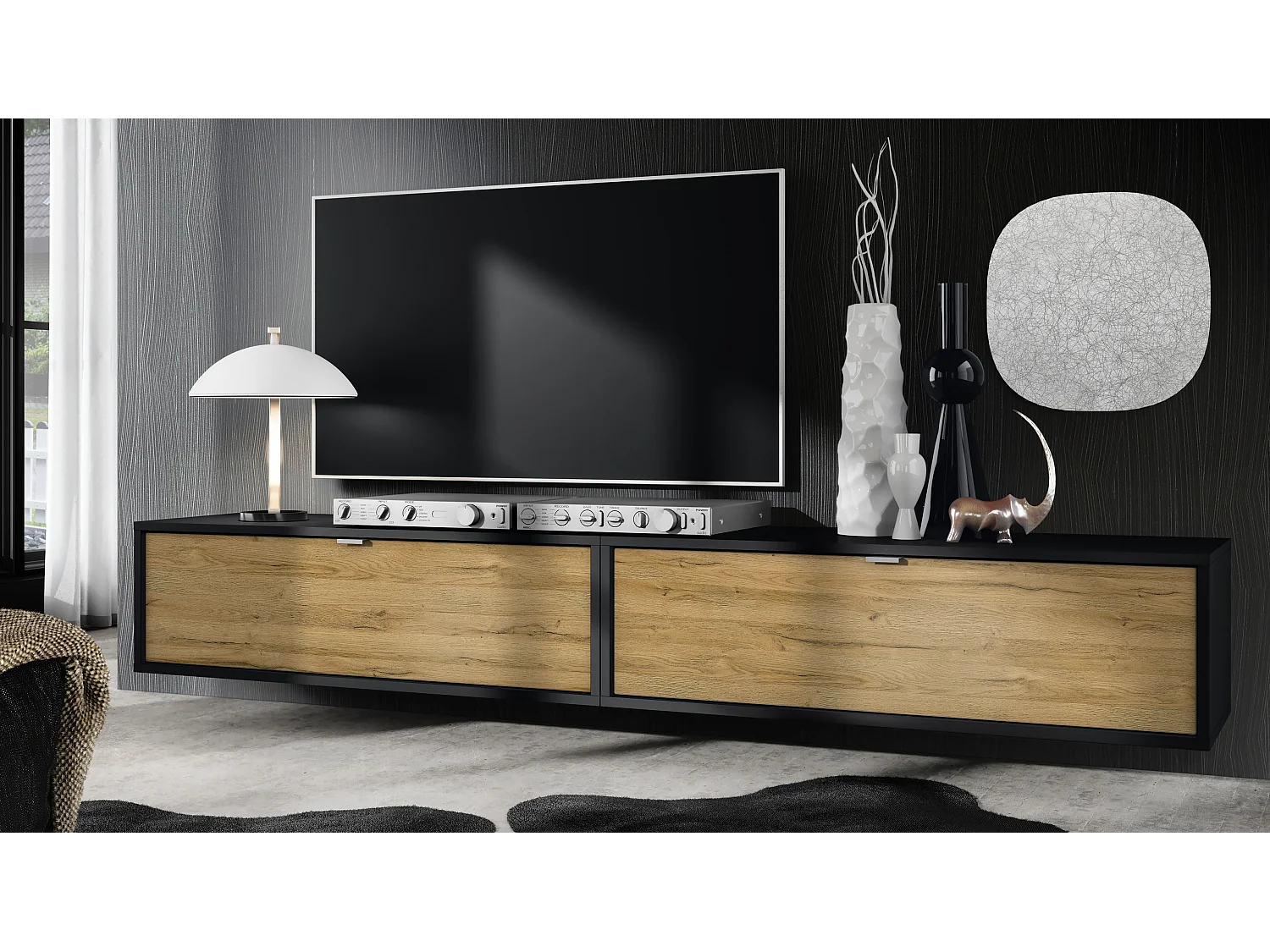 Ensemble de 2 set meuble TV Lana 100, lowboards de 100 x 29 x 37 cm chacun avec beaucoup d'espace de rangement, caisson en Noir mat, façades en Chêne Nature