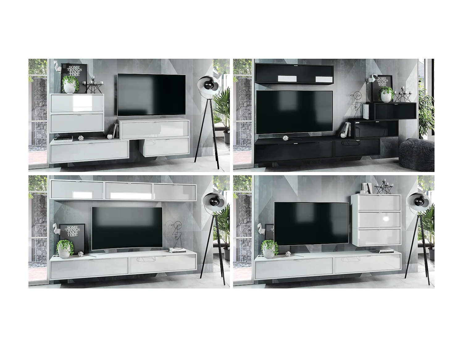 Ensemble de 2 set meuble TV Lana 100, lowboards de 100 x 29 x 37 cm chacun avec beaucoup d'espace de rangement, caisson en Noir mat, façades en Chêne Nature