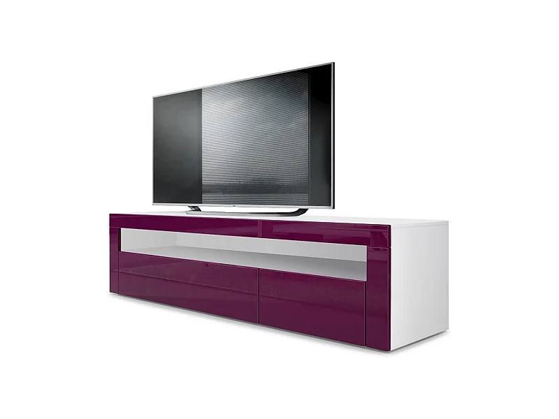 Buffet bas Valencia, Meuble TV avec 1 compartiment ouvert et 2 clapets, Blanc mat/mûre haute brillance/mûre haute brillance (155 x 46 x 40 cm)