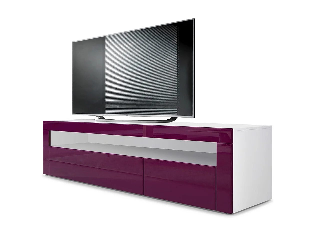 Buffet bas Valencia, Meuble TV avec 1 compartiment ouvert et 2 clapets, Blanc mat/mûre haute brillance/mûre haute brillance (155 x 46 x 40 cm)
