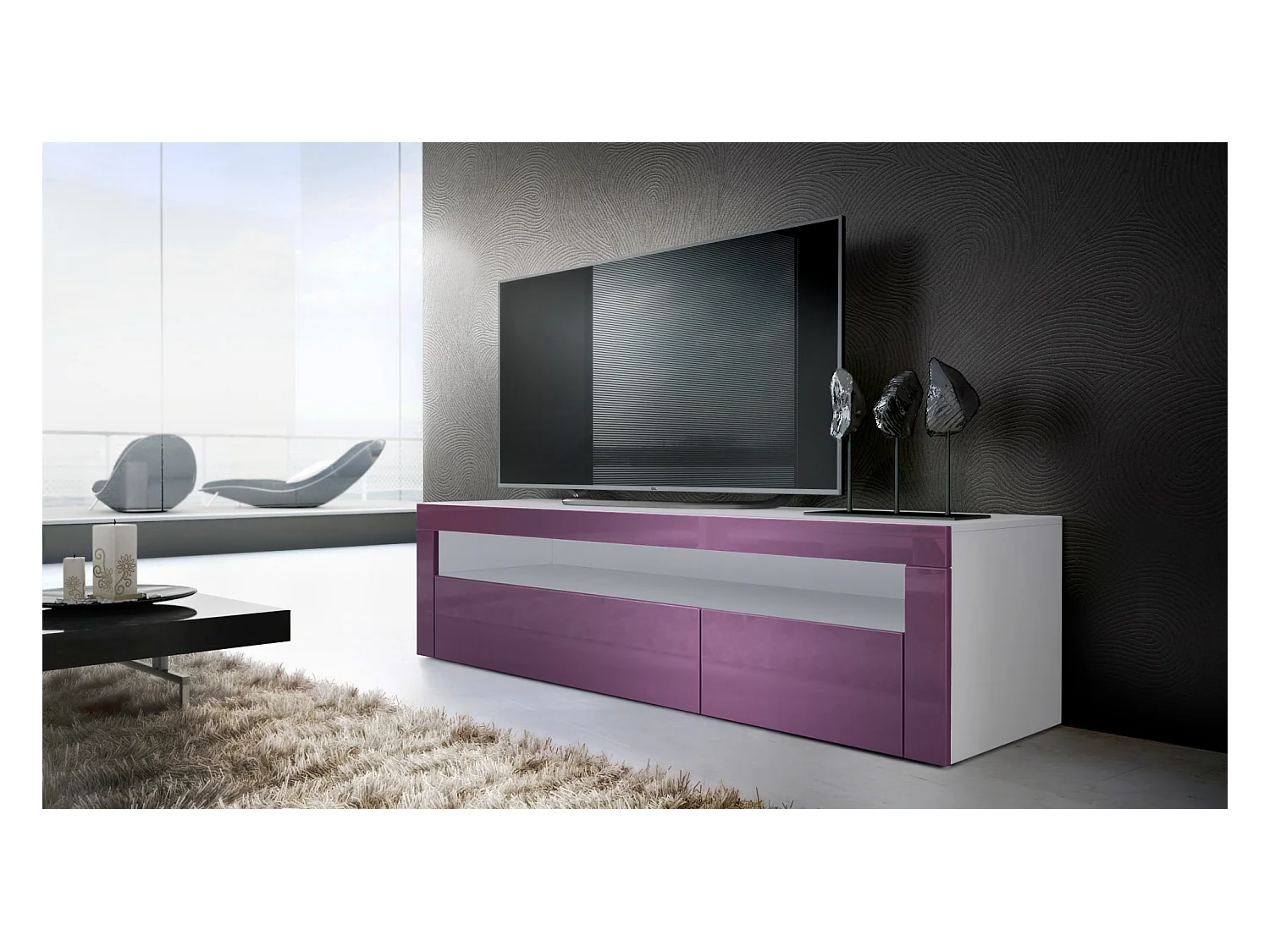 Buffet bas Valencia, Meuble TV avec 1 compartiment ouvert et 2 clapets, Blanc mat/mûre haute brillance/mûre haute brillance (155 x 46 x 40 cm)