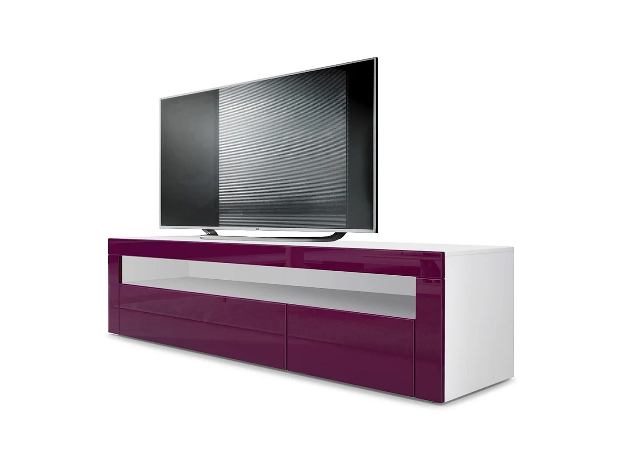 Buffet bas Valencia, Meuble TV avec 1 compartiment ouvert et 2 clapets, Blanc mat/mûre haute brillance/mûre haute brillance (155 x 46 x 40 cm)