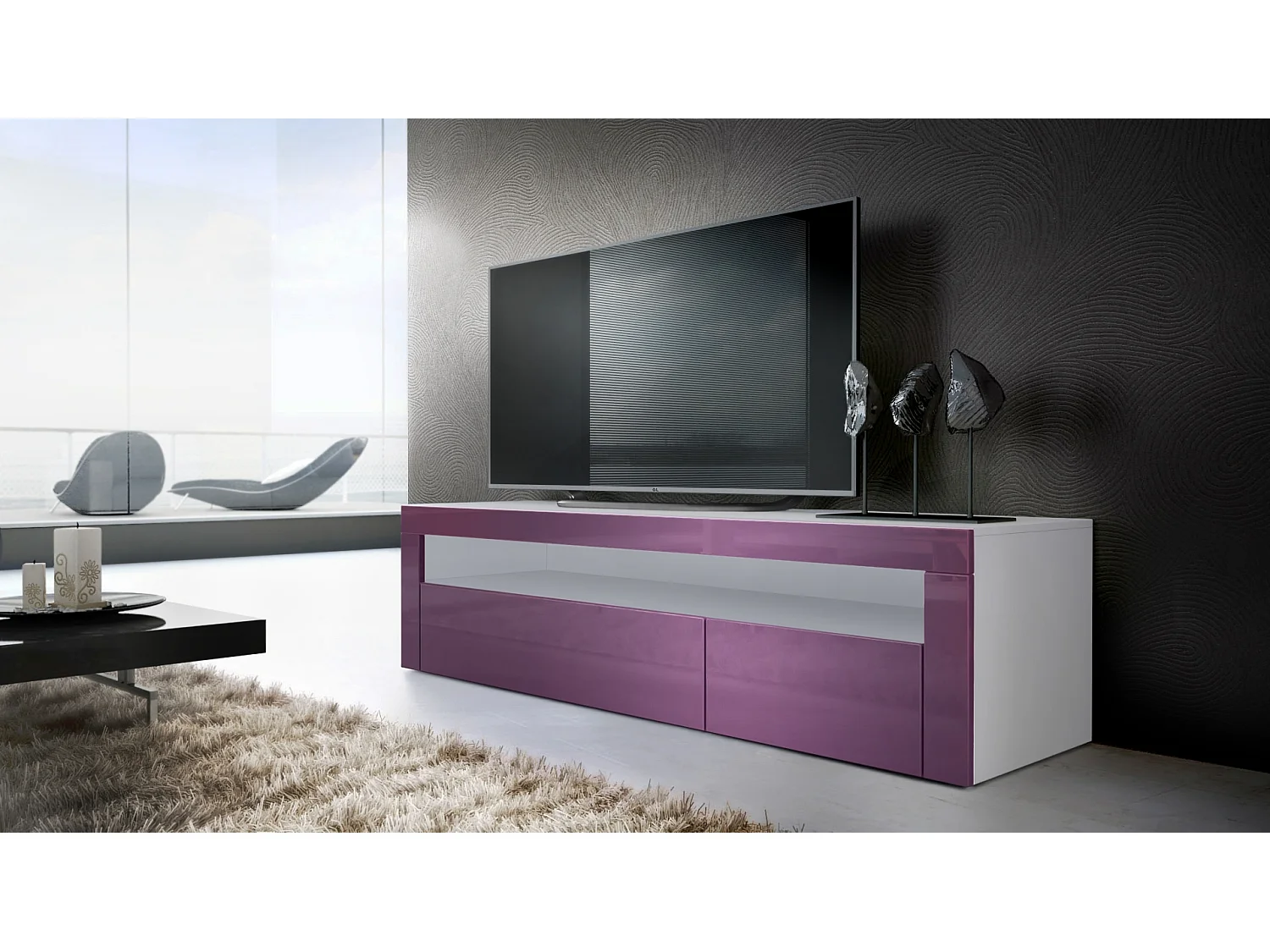 Buffet bas Valencia, Meuble TV avec 1 compartiment ouvert et 2 clapets, Blanc mat/mûre haute brillance/mûre haute brillance (155 x 46 x 40 cm)