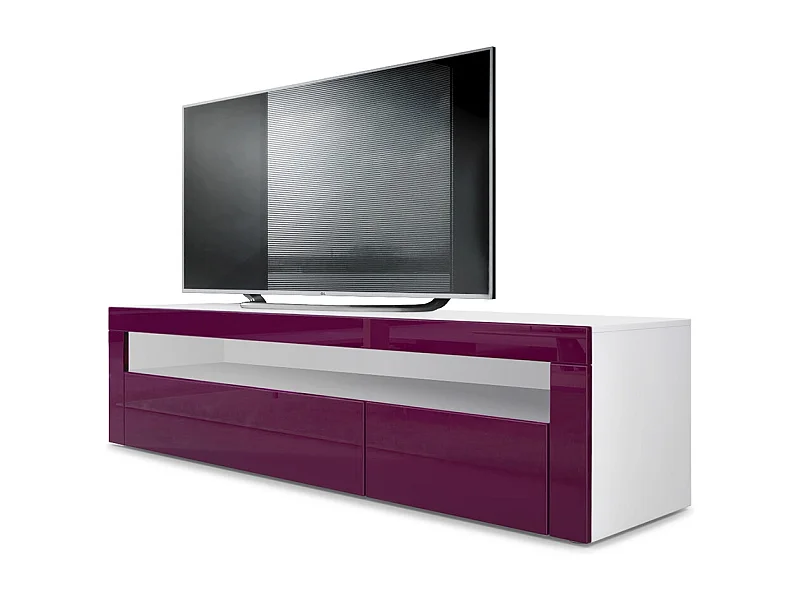 Buffet bas Valencia, Meuble TV avec 1 compartiment ouvert et 2 clapets, Blanc mat/mûre haute brillance/mûre haute brillance (155 x 46 x 40 cm)