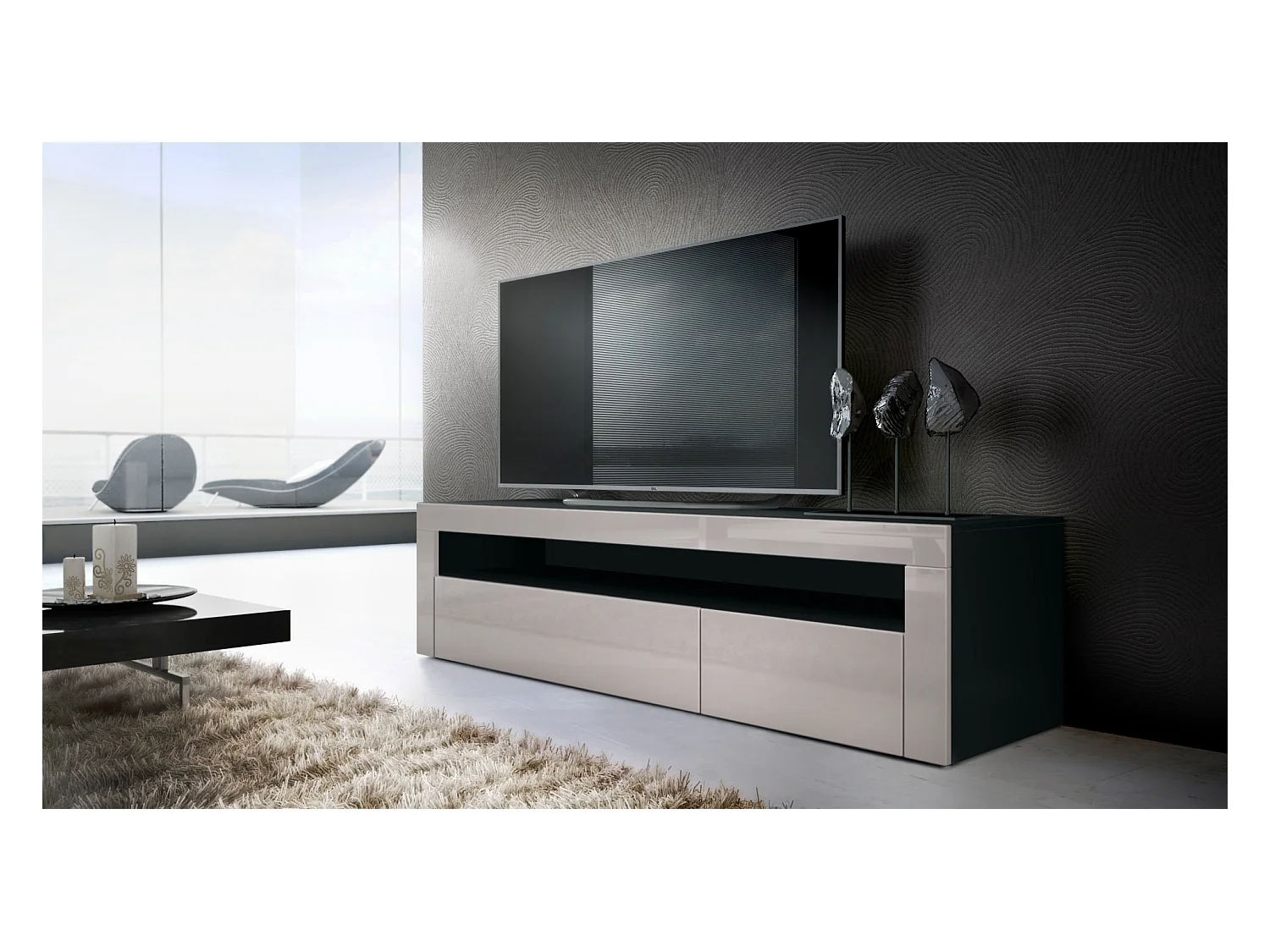 Buffet bas Valencia, Meuble TV avec 1 compartiment ouvert et 2 clapets, Noir mat/gris sable haute brillance/gris sable haute brillance (155 x 46 x 40 cm)