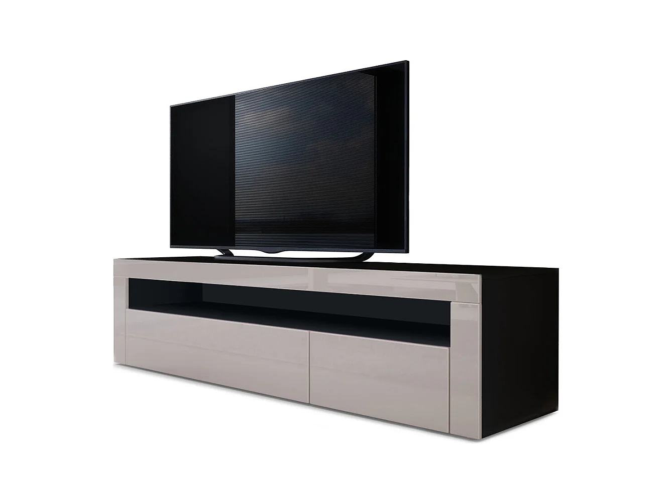 Buffet bas Valencia, Meuble TV avec 1 compartiment ouvert et 2 clapets, Noir mat/gris sable haute brillance/gris sable haute brillance (155 x 46 x 40 cm)