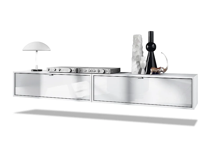 Ensemble de 2 set meuble TV Lana 100, lowboards de 100 x 29 x 37 cm chacun avec beaucoup d'espace de rangement, caisson en Blanc mat, façades en Blanc brillant