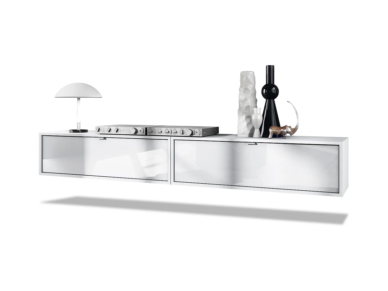 Ensemble de 2 set meuble TV Lana 100, lowboards de 100 x 29 x 37 cm chacun avec beaucoup d'espace de rangement, caisson en Blanc mat, façades en Blanc brillant