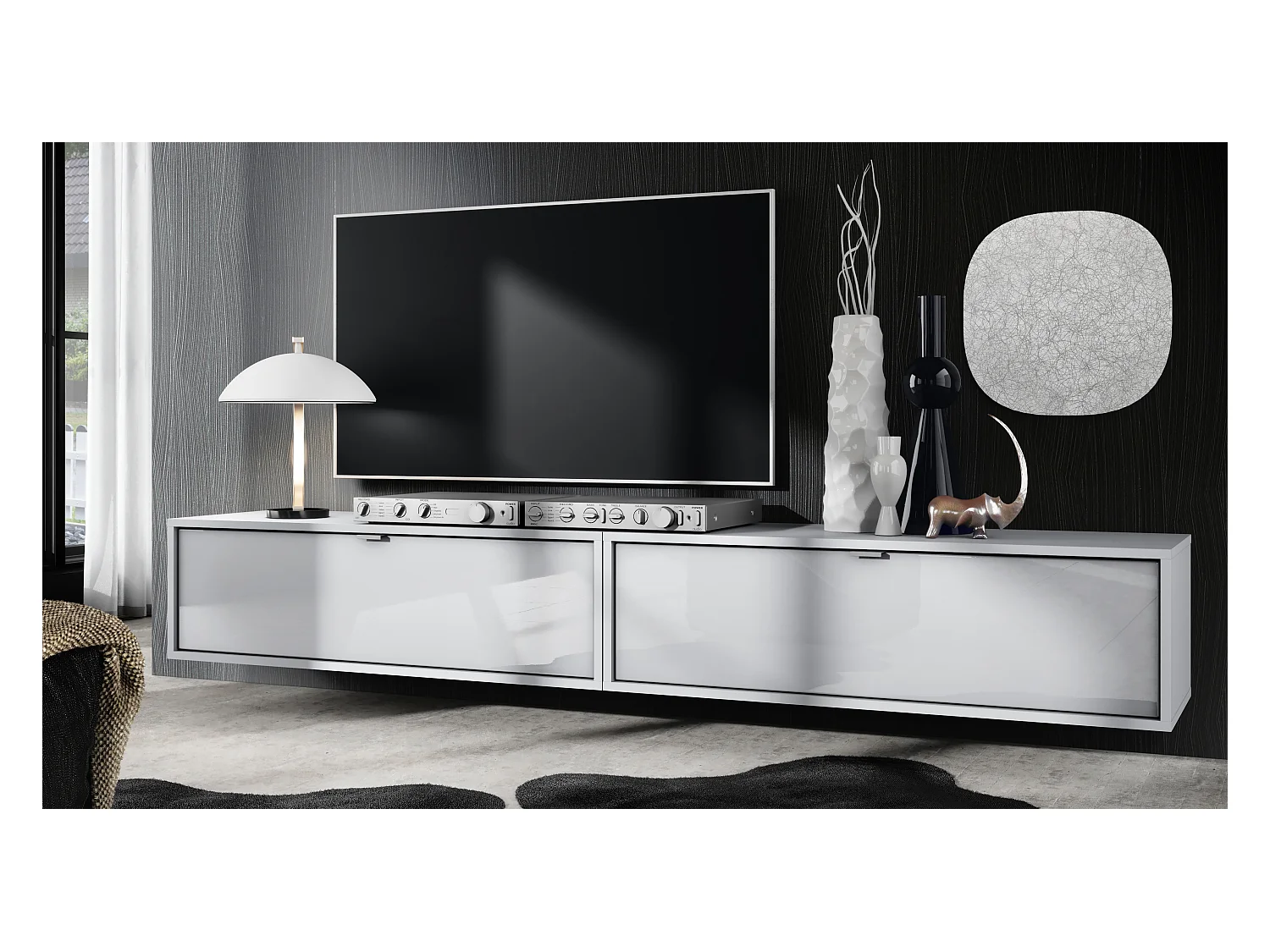 Ensemble de 2 set meuble TV Lana 100, lowboards de 100 x 29 x 37 cm chacun avec beaucoup d'espace de rangement, caisson en Blanc mat, façades en Blanc brillant
