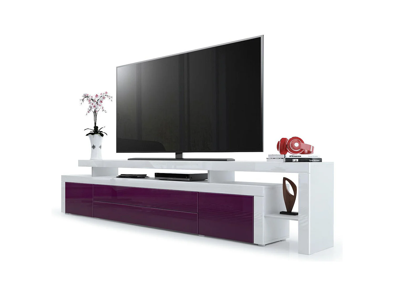 Meuble TV bas Leon, Corps en blanc mat / Façades en mûre haute brillance avec une bodure en blanc haute brillance (227 x 52 x 35 cm)