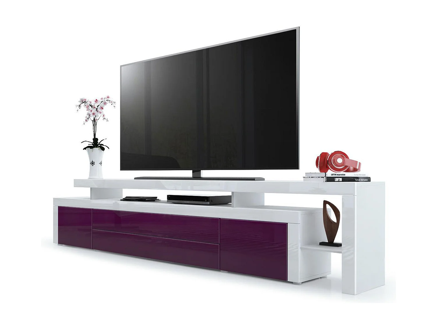 Meuble TV bas Leon, Corps en blanc mat / Façades en mûre haute brillance avec une bodure en blanc haute brillance (227 x 52 x 35 cm)