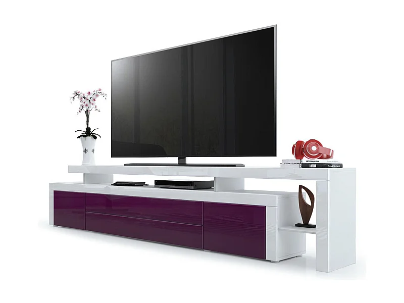 Meuble TV bas Leon, Corps en blanc mat / Façades en mûre haute brillance avec une bodure en blanc haute brillance (227 x 52 x 35 cm)