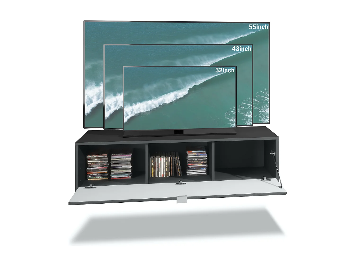 TV Board Lana 120 mobile da parete Porta TV 120 x 29 x 37 cm, struttura in nero opaco, frontali in nero lucido | Ampia scelta di colori