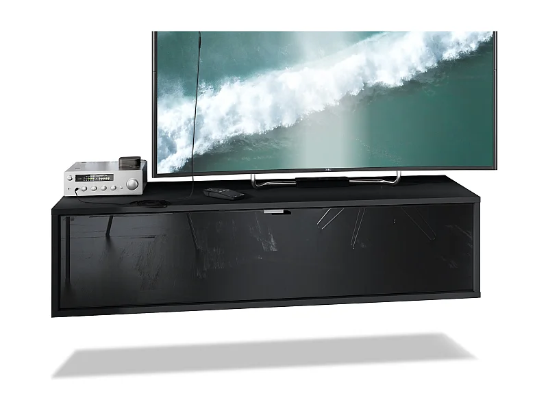 Meuble TV Lana 120 armoire murale lowboard 120 x 29 x 37 cm, caisson en Noir mat, façades en noir haute brillance | Grand choix de couleurs