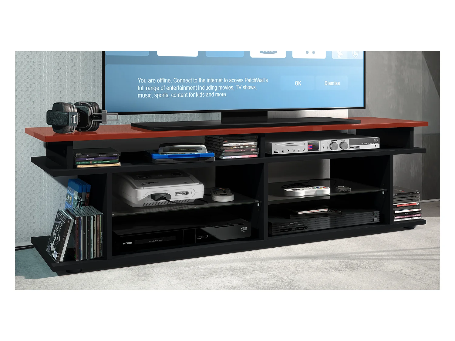 TV Board Movie V3 Game On 138,5 x 39 x 37,5 cm , caisson en noir mat, élément supérieur en bordeaux haute brillance