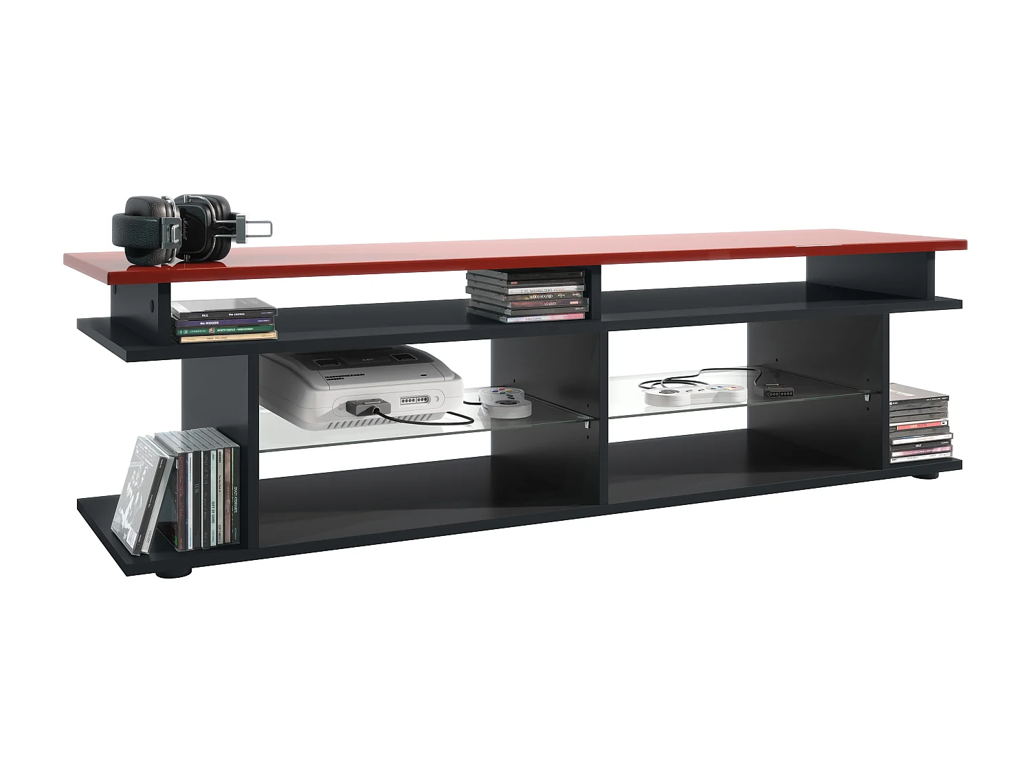 TV Board Movie V3 Game On 138,5 x 39 x 37,5 cm , caisson en noir mat, élément supérieur en bordeaux haute brillance