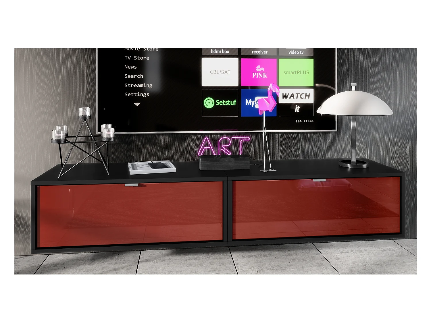 Ensemble de 2 set meuble TV Lana 80, lowboards de 80 x 29 x 37 cm chacun avec beaucoup d'espace de rangement, caisson en Noir mat, façades en Bordeaux brillant