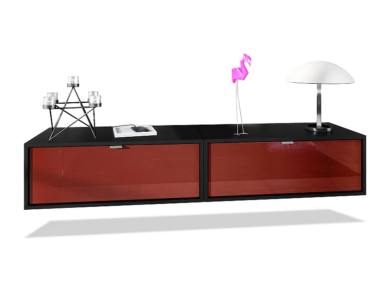 Set de 2 muebles televisor colgantes Lana 80, cada parte del set mide 80 x 29 x 37 cm, cuerpo en Negro mate, frentes en Burdeos de alto brillo