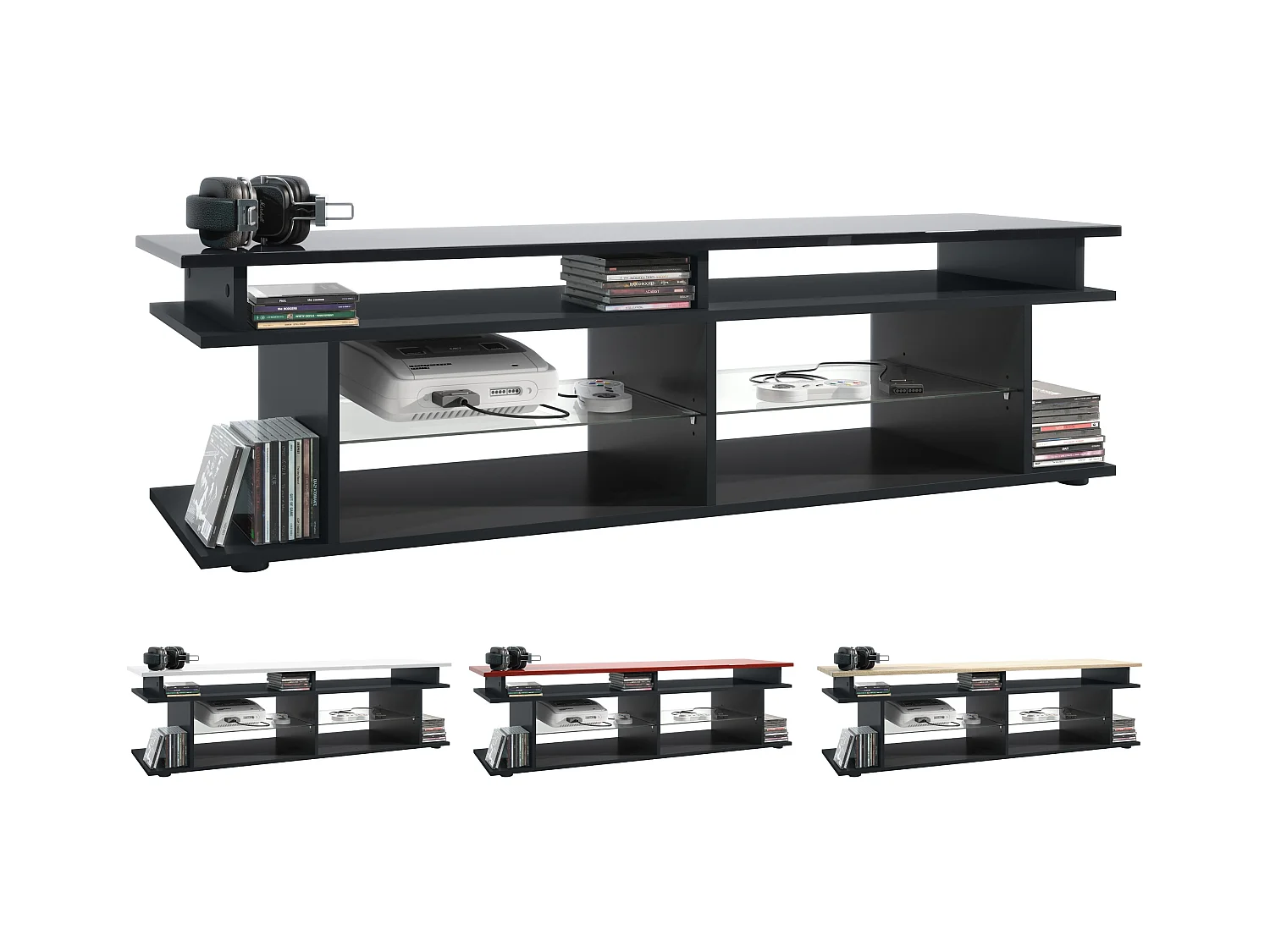 TV Board Movie V3 Game On 138,5 x 39 x 37,5 cm éclairage LED inclus Bleu, caisson en noir mat, élément supérieur en mûre haute brillance