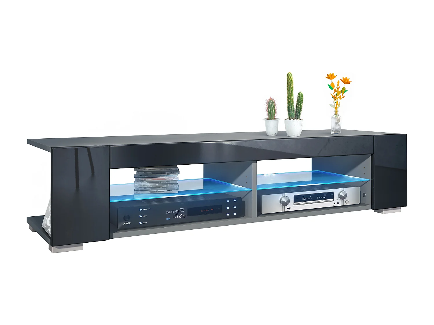 Meuble TV Movie, meuble TV avec 4 compartiments ouverts et moulures décoratives, anthracite mat/ éclairage LED inclus (134,5 x 30,5 x 38,5 cm)