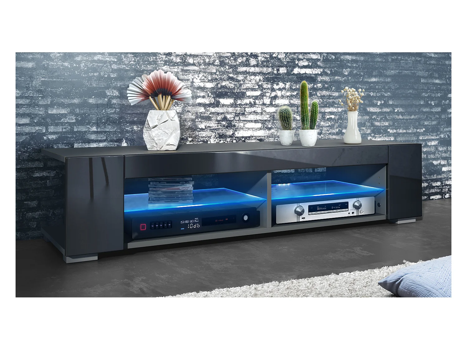 Meuble TV Movie, meuble TV avec 4 compartiments ouverts et moulures décoratives, anthracite mat/ éclairage LED inclus (134,5 x 30,5 x 38,5 cm)