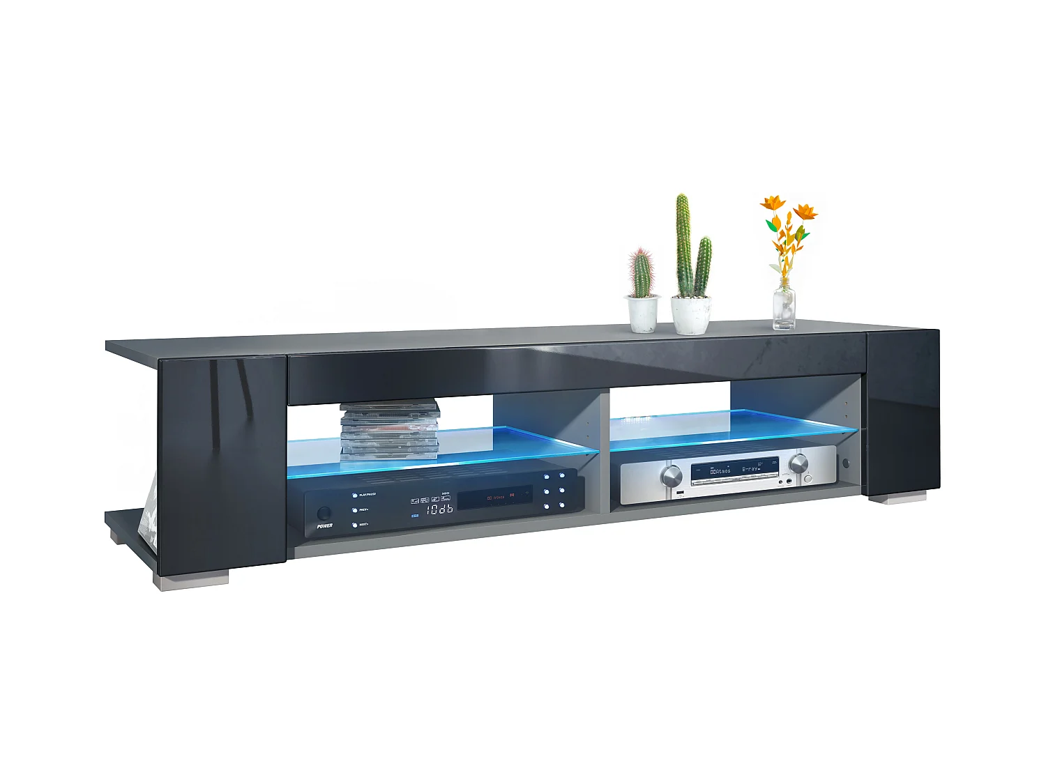 Meuble TV Movie, meuble TV avec 4 compartiments ouverts et moulures décoratives, anthracite mat/ éclairage LED inclus (134,5 x 30,5 x 38,5 cm)