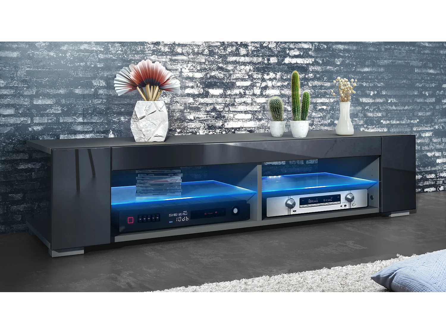 Meuble TV Movie, meuble TV avec 4 compartiments ouverts et moulures décoratives, anthracite mat/ éclairage LED inclus (134,5 x 30,5 x 38,5 cm)