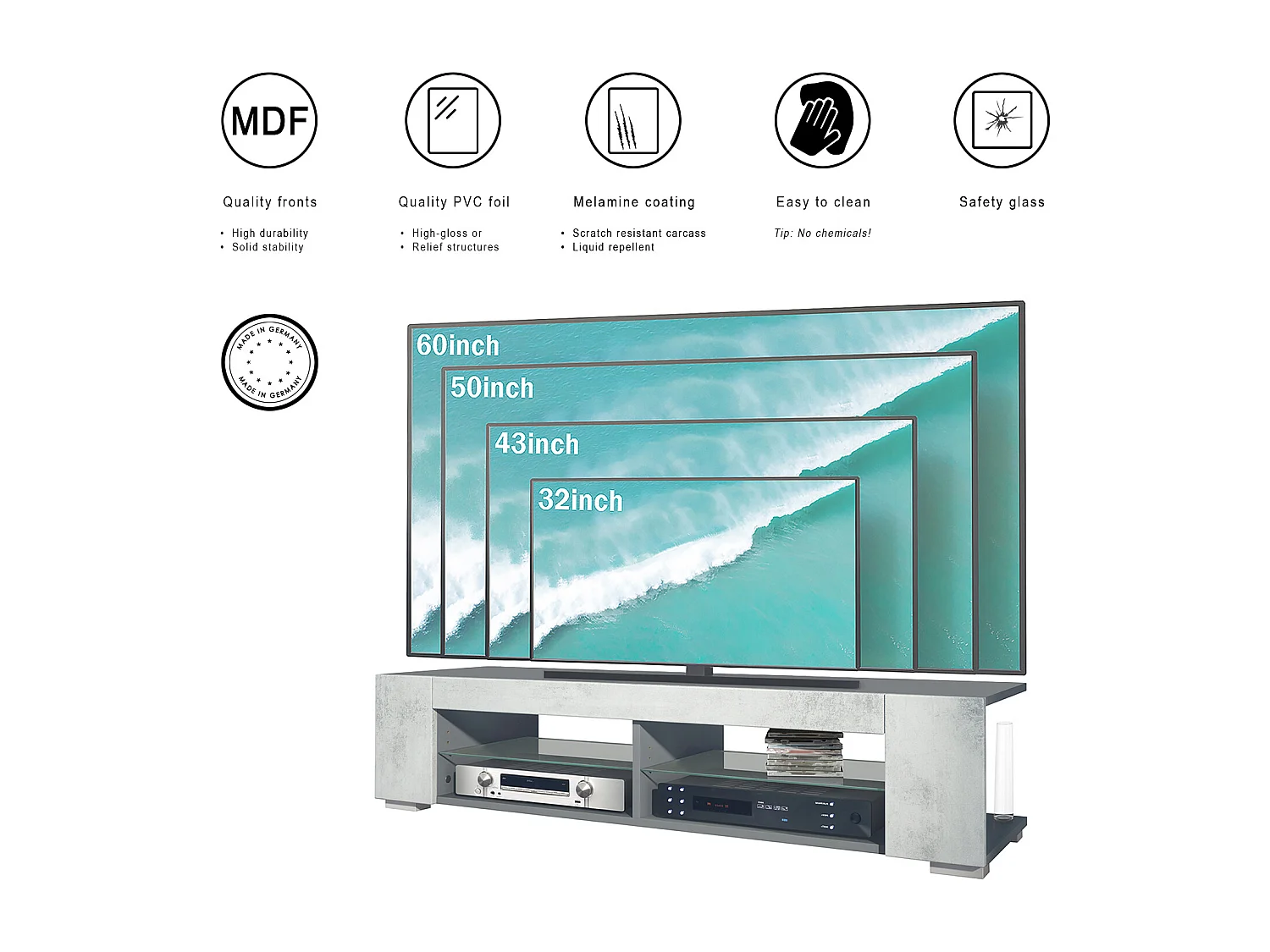 Meuble TV Movie, meuble TV avec 4 compartiments ouverts et moulures décoratives, anthracite mat/ éclairage LED inclus (134,5 x 30,5 x 38,5 cm)