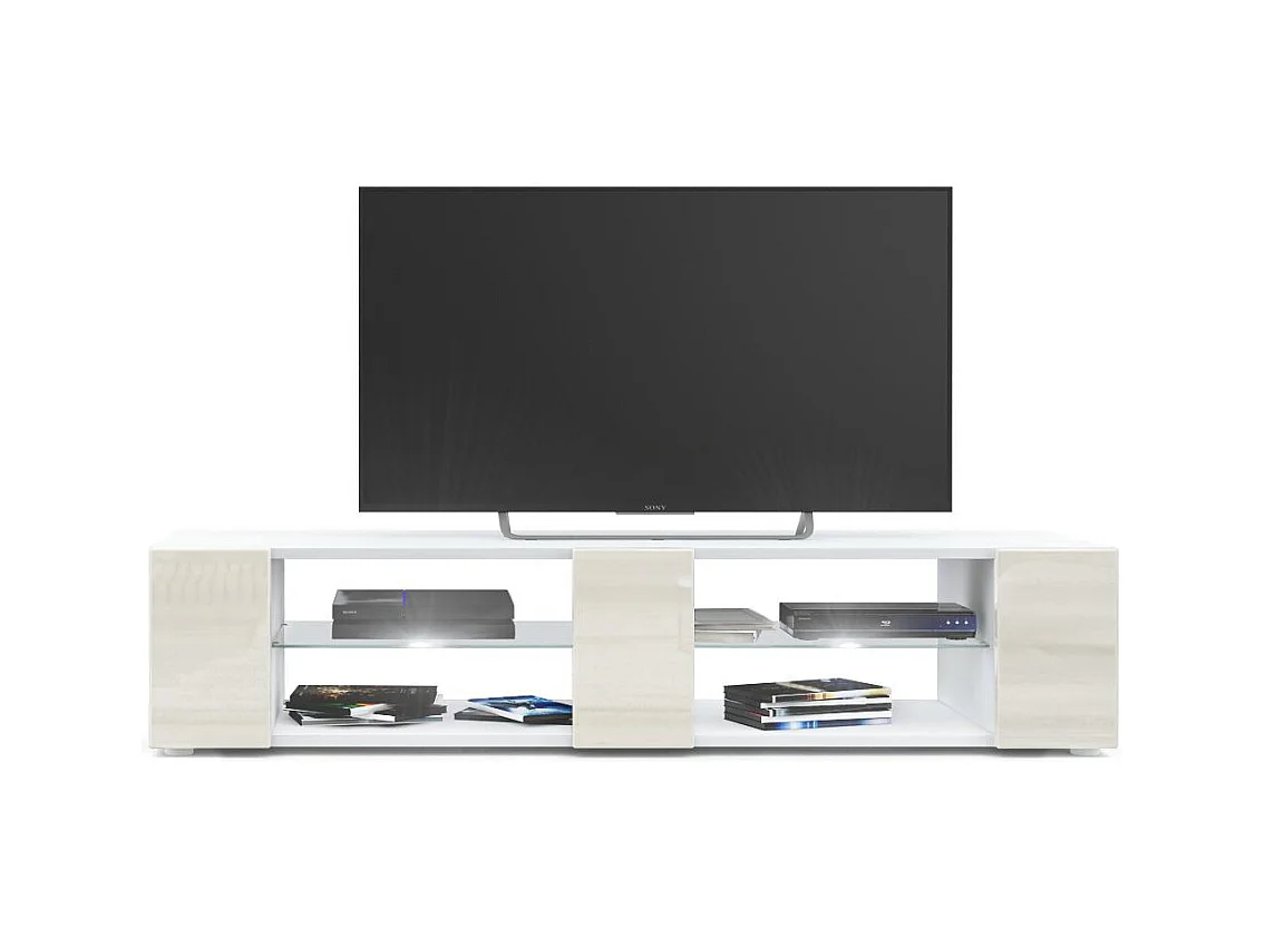 Buffet bas Movie V2, Meuble TV avec 6 compartiments ouverts et placages décoratifs, Blanc mat/Crème brillant, éclairage LED blanc inclus (134 x 29 x 39 cm)