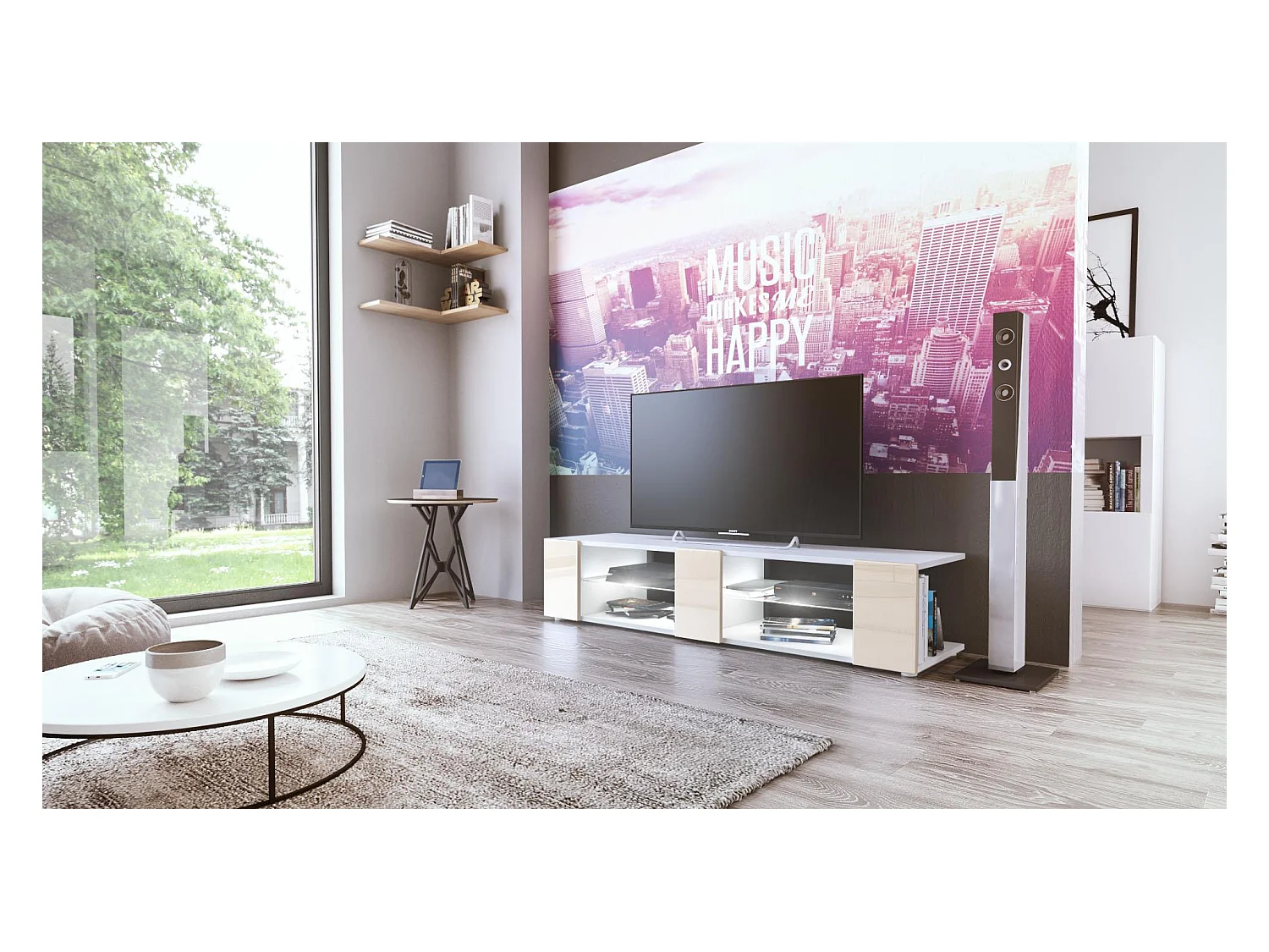 Buffet bas Movie V2, Meuble TV avec 6 compartiments ouverts et placages décoratifs, Blanc mat/Crème brillant, éclairage LED blanc inclus (134 x 29 x 39 cm)