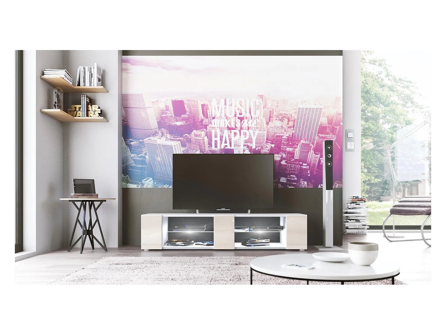 Buffet bas Movie V2, Meuble TV avec 6 compartiments ouverts et placages décoratifs, Blanc mat/Crème brillant, éclairage LED blanc inclus (134 x 29 x 39 cm)