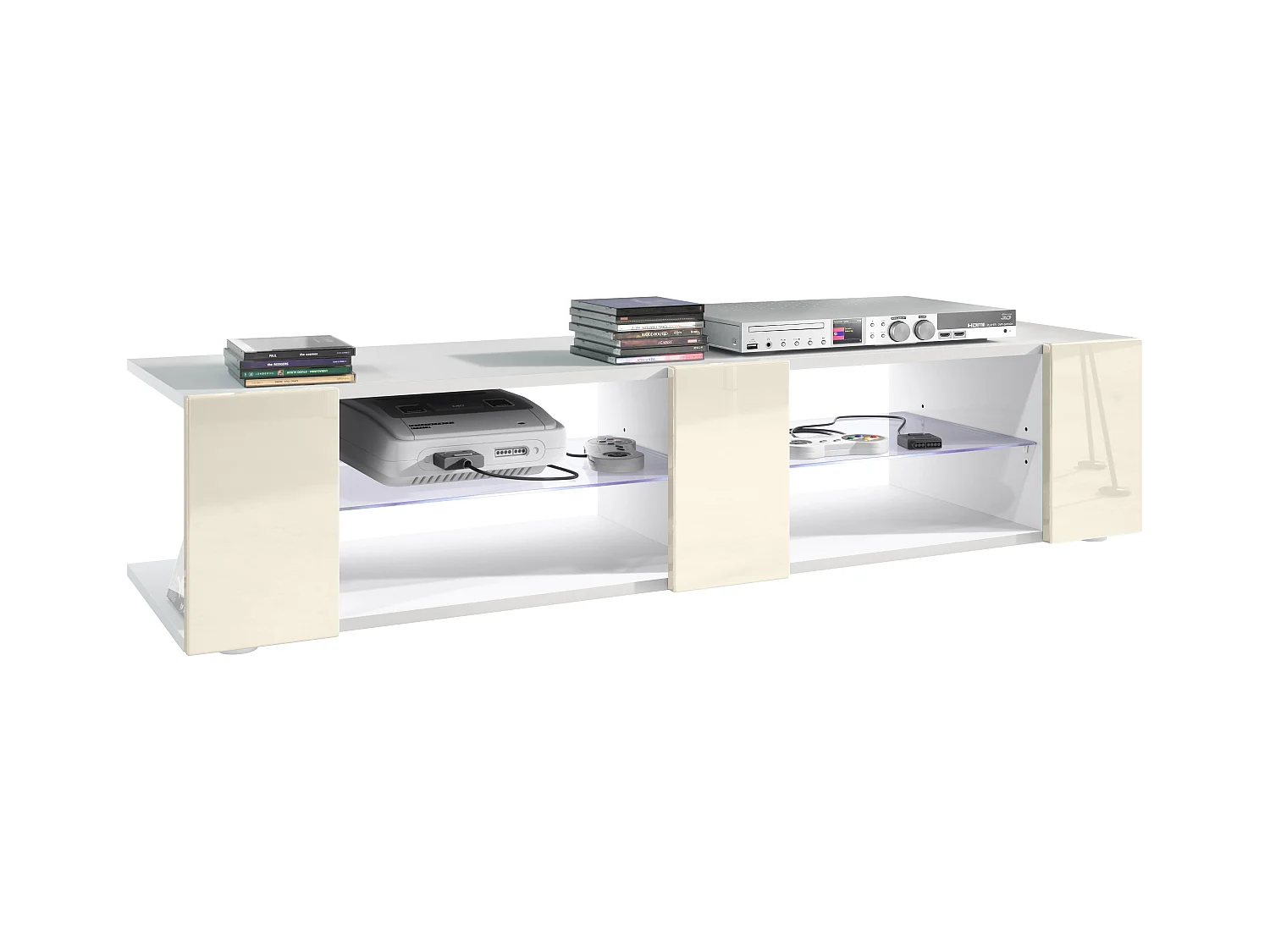 Buffet bas Movie V2, Meuble TV avec 6 compartiments ouverts et placages décoratifs, Blanc mat/Crème brillant, éclairage LED blanc inclus (134 x 29 x 39 cm)