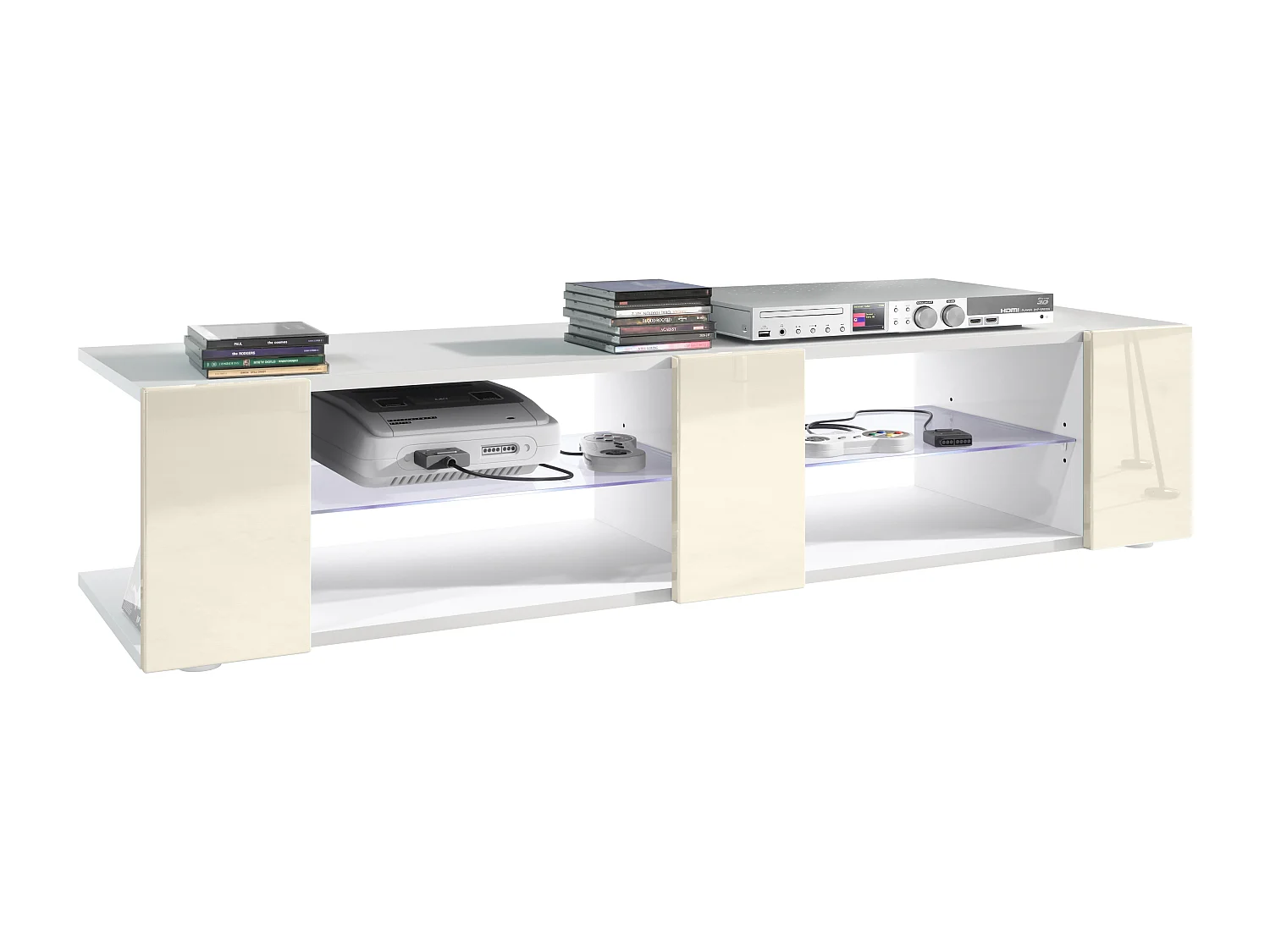 Buffet bas Movie V2, Meuble TV avec 6 compartiments ouverts et placages décoratifs, Blanc mat/Crème brillant, éclairage LED blanc inclus (134 x 29 x 39 cm)