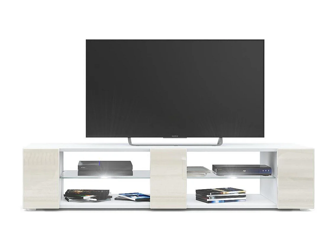 Buffet bas Movie V2, Meuble TV avec 6 compartiments ouverts et placages décoratifs, Blanc mat/Crème brillant, éclairage LED blanc inclus (134 x 29 x 39 cm)