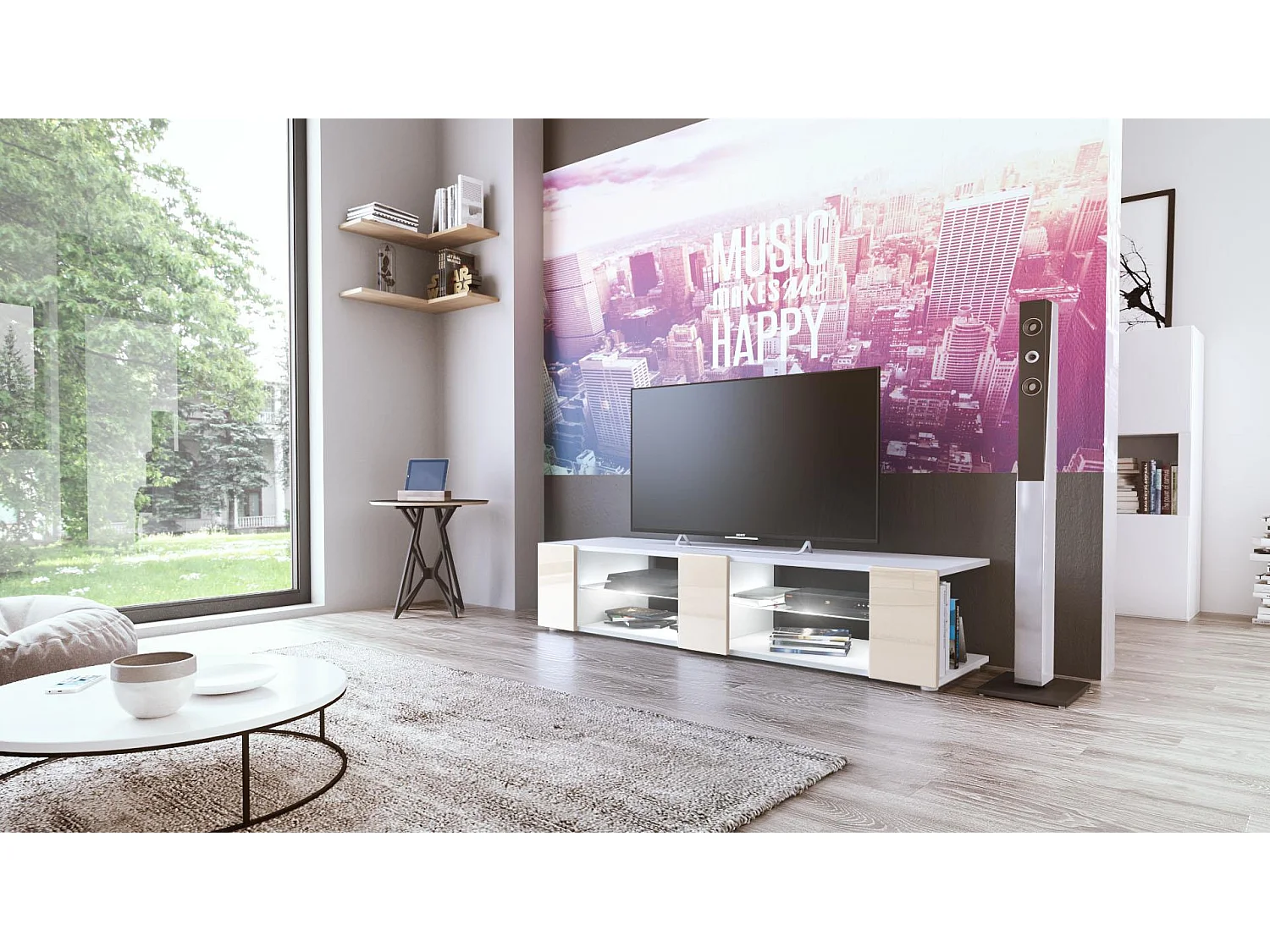 Buffet bas Movie V2, Meuble TV avec 6 compartiments ouverts et placages décoratifs, Blanc mat/Crème brillant, éclairage LED blanc inclus (134 x 29 x 39 cm)